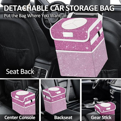 Cute Mini Car Trash Bag with Lid, Glitter Garbage Can Bin Hanging for Back/Front Seat/Console, Waterproof, Leakproof, 2.5 Gallon, Purple Bling Sparkly