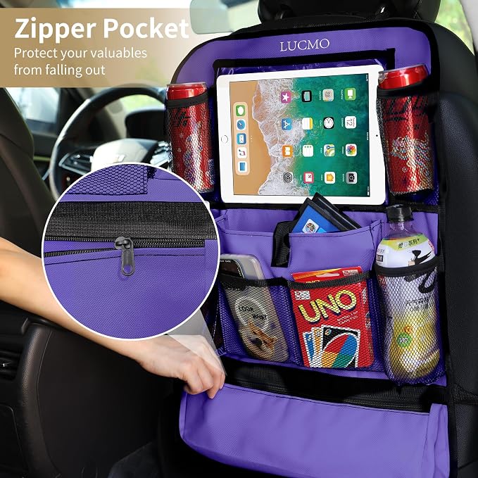 LUCMO Car Backseat Organizer with Touch Screen Tablet Holder-2 Pcs,9 Storage Pockets Car Storage Organizer Protectors Kick Mats Travel Accessories for Kids-Purple