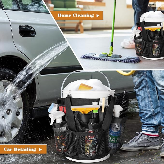 HODRANT 5 Gallon Bucket Organizer with Anti-fall Hooks & Buckle, Car Wash Bucket Caddy with Mesh Pockets, 5 Gallon Cleaning Tools Bag for Home, Auto, Garden & Fishing