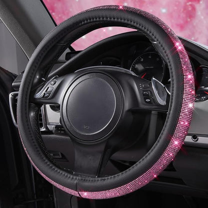 CAR PASS 11 PCS Bling Diamond Car Accessories Set for Women, Sparkly Rhinestone Steering Wheel Cover, Bling Seat Belt Cushion, Shift Knob Cover, Push Start Button Ring, Cup Holder Coaster, Black Pink