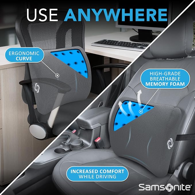 Samsonite Memory Foam Lumbar Support Pillow for Office Chair, Gaming Chair, or Car-Ergonomic Back Cushion-Home Essentials for Sitting Comfort and Posture Relief Back Support with Cooling Gel, Grey