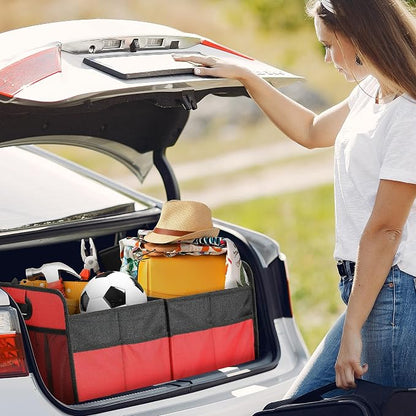 YSSOA 2 Compartments Car Trunk Organizer, 600D Oxford Polyester Car Storage, Anti-slip 14" D x 22" W x 12" H Collapsible Trunk Storage, Suitable for SUV, Minivan, Truck, Red New