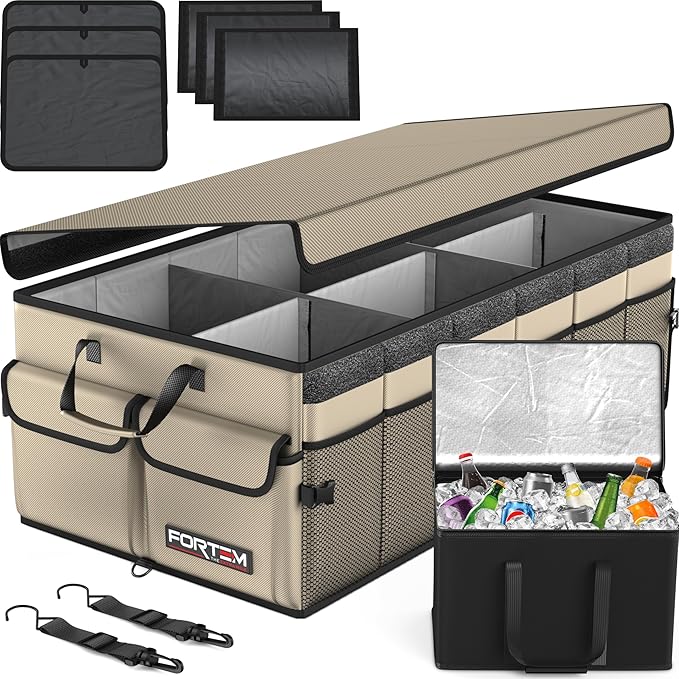 FORTEM Trunk Organizer with Cooler For SUV Car Trunk, Foldable Storage, Car Accessories for Women Men, Collapsible Bag, 600D Oxford, Non Slip Bottom, Straps, Soft Cover (105L)