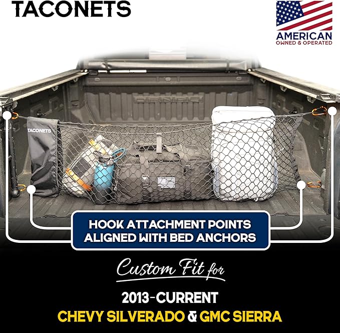 TacoNets Envelope Cargo Net for GMC Sierra & Chevy Silverado - Fits 2013-Current - Upgraded 5mm Bungee - Integrated Storage Bag - Heavy Duty Carabiners - Designed in USA