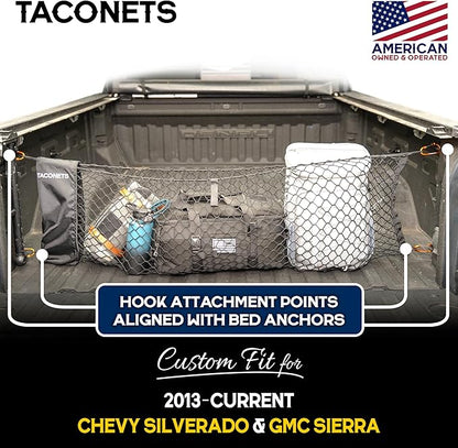 TacoNets Envelope Cargo Net for GMC Sierra & Chevy Silverado - Fits 2013-Current - Upgraded 5mm Bungee - Integrated Storage Bag - Heavy Duty Carabiners - Designed in USA