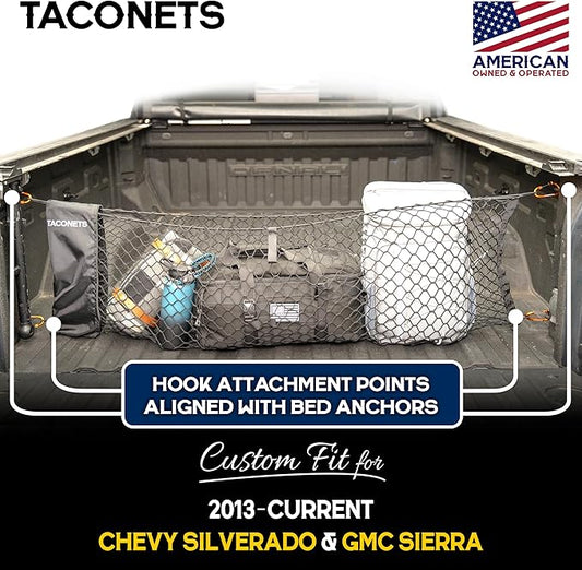 TacoNets Envelope Cargo Net for GMC Sierra & Chevy Silverado - Fits 2013-Current - Upgraded 5mm Bungee - Integrated Storage Bag - Heavy Duty Carabiners - Designed in USA