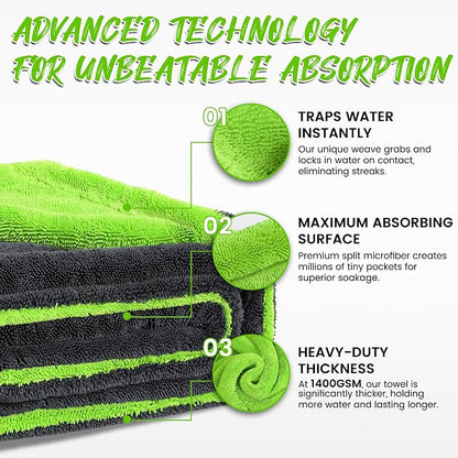 PUGPIU Car Drying Towel - 1400GSM Extra Large Super Absorbent Microfiber Towels for Cars 24"x36" - Large Edgeless with Twisted Loop, Lint-Free & Streak-Free for Auto Detailing, SUV, Truck (Green)