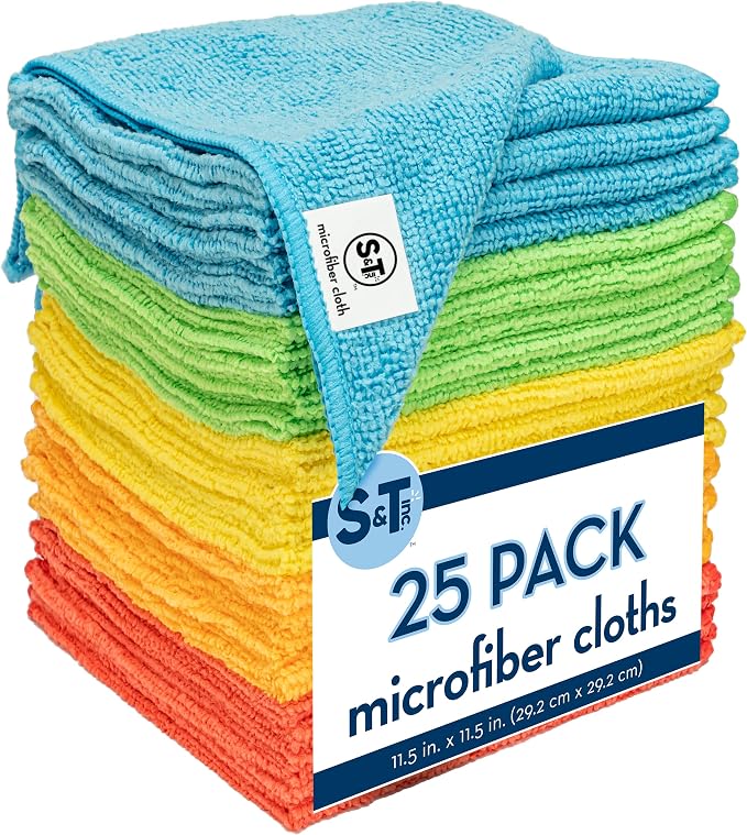 S&T INC. 25 Pack Microfiber Cleaning Cloth, Bulk Towels for Home, Reusable Microfiber Towels for Cars, Cleaning Rags, Assorted, 11.5 Inches x 11.5 Inches, 25 Count
