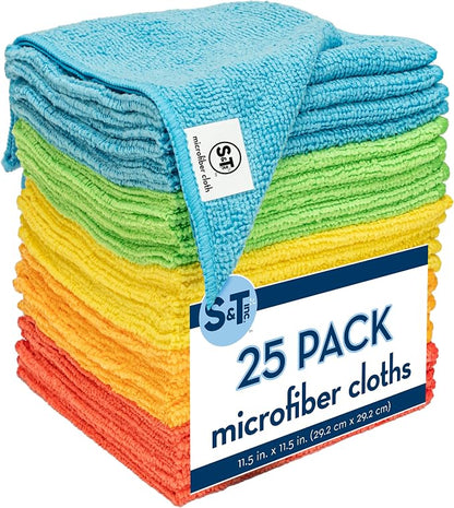 S&T INC. 25 Pack Microfiber Cleaning Cloth, Bulk Towels for Home, Reusable Microfiber Towels for Cars, Cleaning Rags, Assorted, 11.5 Inches x 11.5 Inches, 25 Count