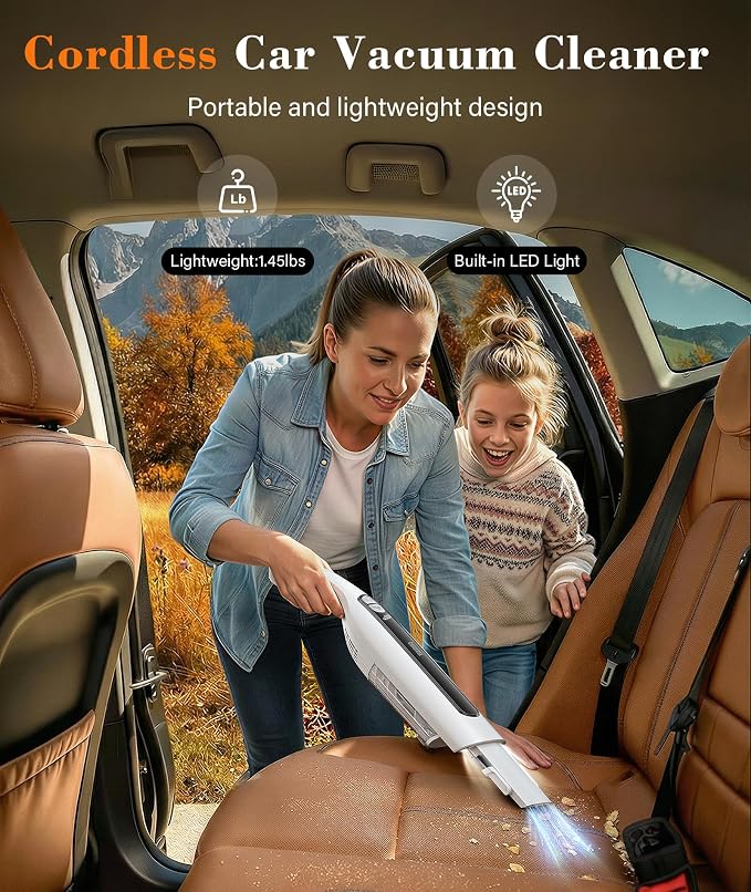 Cordless Handheld Vacuum,24KPA Powerful Hand Held Vacuum,Portable Rechargeable Car Vacuum Cleaner with Brushless Motor,Charging Dock and Washable Filter for Car,Home,Office,Pet Pair,White