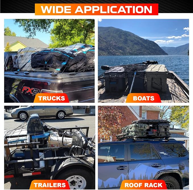 [Premium] 5'x7' Heavy Duty Cargo Net Stretches to 10' x 14', Extra Thick 10mm Cord Bungee Cargo Netting for Pickup Truck Bed, Roof Rack Net & 12 PCS Steel Carabiners