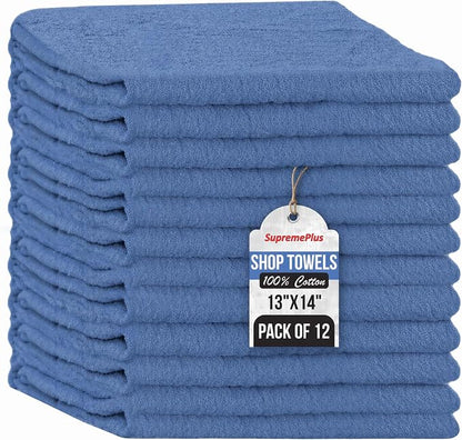 Auto Mechanic Shop Towels (13"x14"), 12 Pack (Blue) - 100% Cotton Commercial Grade Rags for Cleaning & Maintenance, Garage Supplies - Professional Mechanics Reusable Wipes