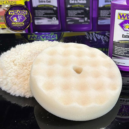 Wizards Aggressor Buffing Pad - Aggressive Cutting Action - Cuts with No Burns - Works with All Kinds of Compounds - Easy to Attach and Velcro Backed Buffing Pad - 8" x 1.75"