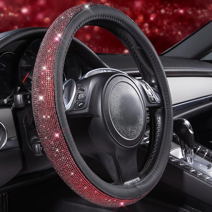 CAR PASS 11 PCS Bling Diamond Car Mats Set for Women Girls, Sparkly Rhinestone Steering Wheel Cover, Waterproof Floor Mats Universal Fit for SUV,Vans,Sedans,Trucks Anti-Slip, Interior Sets Black Red