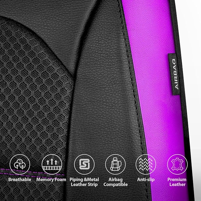 CAR PASS Memory Foam Car Seat Covers,Air Cool Mesh Thick Seat Covers Front Seats,Purple Metal Film Leather Seat Cover for Car,Universal Comfort for Most Car,Truck,Airbag Compatible,Black Purple