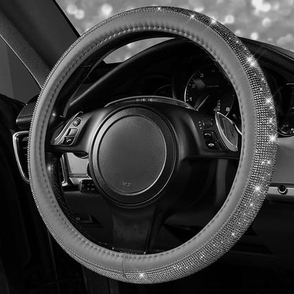 CAR PASS Bling Diamond Leather Steering Wheel Cover, with Bling Sparkly Crystal Glitter Rhinestones Universal Fit 14" 1/2-15" Car Wheel Protector for Women Girl Fit Suvs,Vans,Sedans,Cars,Trucks, Gray
