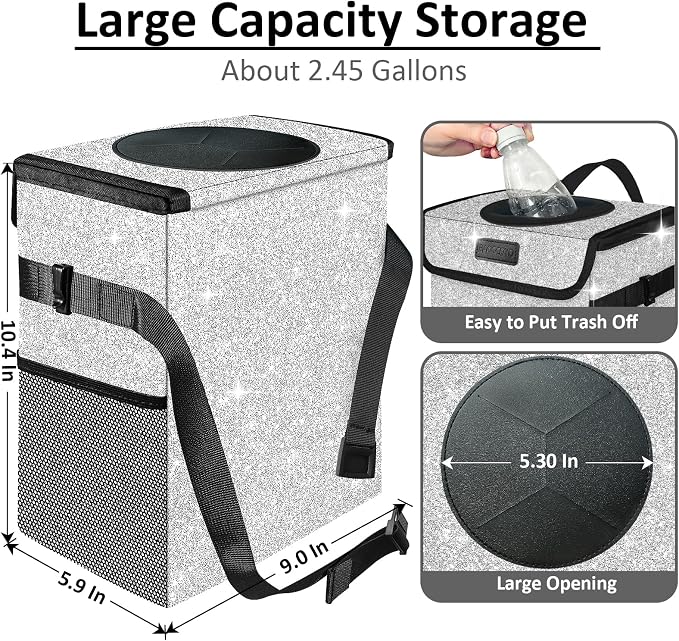 Cute Mini Car Trash Bag with Lid, Glitter Garbage Can Bin Hanging for Back/Front Seat/Console, Waterproof, Leakproof, 2.5 Gallon, Silver Bling Sparkly