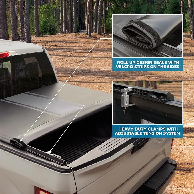 MotorBox Truck Tonneau Cover for Chevy Silverado 1500 / GMC Sierra 1500 (2007-2018) with 5.8 ft Bed Length, All-Weather Retractable Soft Roll-Up Truck Bed Cover with Gray Stripes