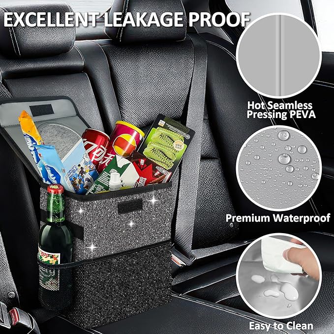 Cute Mini Car Trash Bag with Lid, Glitter Garbage Can Bin Hanging for Back/Front Seat/Console, Waterproof, Leakproof, 2.5 Gallon, Black Bling Sparkly