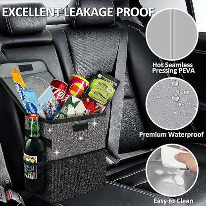 Cute Mini Car Trash Bag with Lid, Glitter Garbage Can Bin Hanging for Back/Front Seat/Console, Waterproof, Leakproof, 2.5 Gallon, Black Bling Sparkly