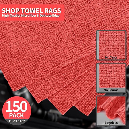 Microfiber Cleaning Cloth, 150 Pack Cleaning Rags Microfiber Towel Bulk Absorbent Lint-Free WashCloths, All-Purpose Towels for Cars, Shop, Automotive, Garage, Home Kitchen 11.5"*11.5", Red