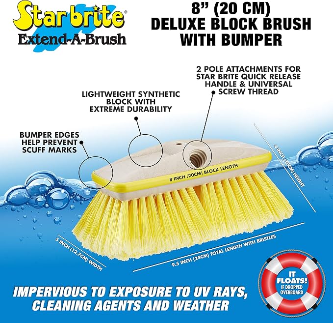 STAR BRITE Premium 8" Soft Brush Head W/Bumper - Dual Connections Fit Either Standard 3/4" Threaded Poles or Extend-A-Brush Handles (Soft) (Yellow) (040161)