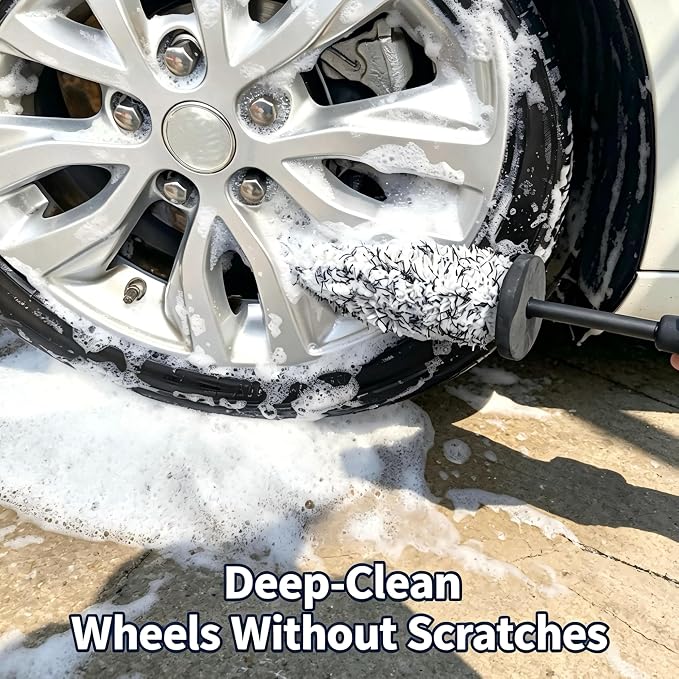 Wheel Barrel Brush, New Upgrade Car Wheel Cleaner Brush Long Handle Microfiber Wheel, Non Scratch Car Detailing Brushs for Rim Cleaning and Car Detailing (1 Pcs Black)