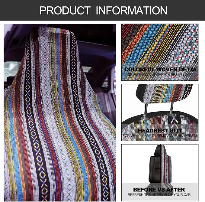 Frienda 14 Pcs Baja Car Seat Covers Full Set Multicolor Stripe Boho Print Steering Wheel Cover Seat Belt Cover Crystal Hanging Ornament Car Holders Fits (Stripe Style)