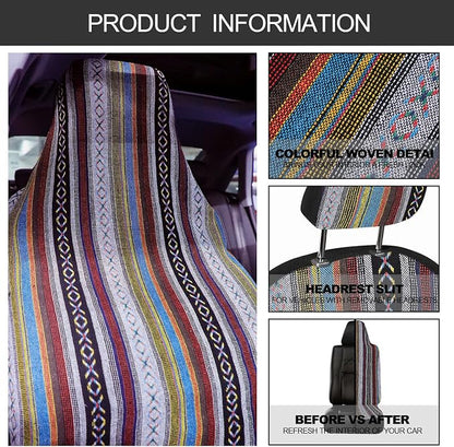 Frienda 14 Pcs Baja Car Seat Covers Full Set Multicolor Stripe Boho Print Steering Wheel Cover Seat Belt Cover Crystal Hanging Ornament Car Holders Fits (Stripe Style)