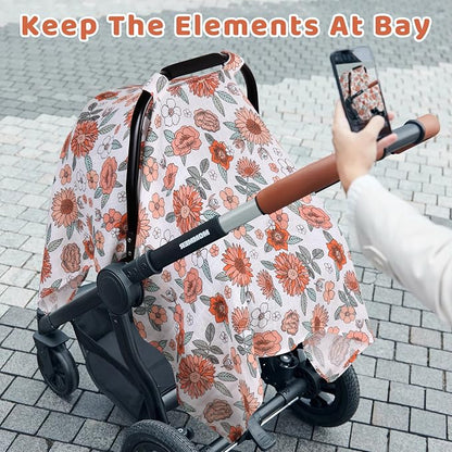 Rquite Infant Car Seat Cover for Babies Girls, 100% Muslin Cotton Carseat Canopy, Breathable Stroller Sun Shade, Baby Shower Gift & Newborn Essentials, Universal Fit Summer & Hot Weather (Floral)