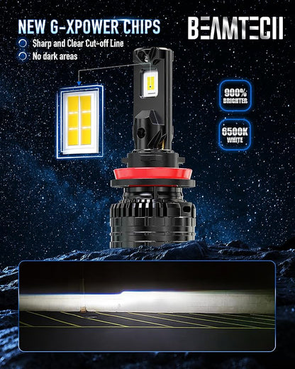 BEAMTECH H11/H9/H8 Bulbs, 900% Brighter Canbus Ready 6500K White Light or Fog Light, 2 Bulbs.