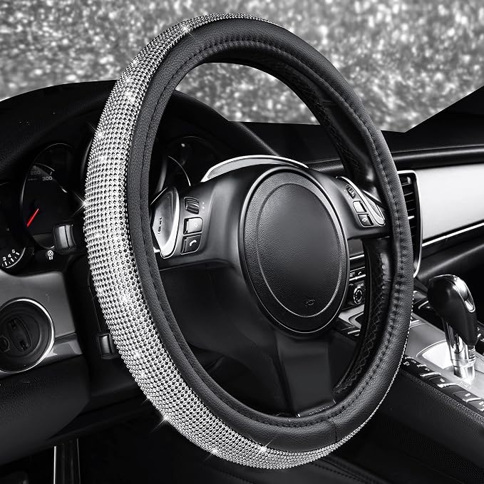 CAR PASS Bling Silver Diamond Leather Steering Wheel Cover, with Sparkly Crystal Glitter Rhinestone Universal Fit 13" 1/2-14" Small Car Wheel Protector for Women Girl Fit Car,SUV,Van,Sedan, Silver
