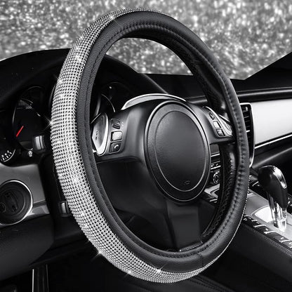 CAR PASS Bling Silver Diamond Leather Steering Wheel Cover, with Sparkly Crystal Glitter Rhinestone Universal Fit 13" 1/2-14" Small Car Wheel Protector for Women Girl Fit Car,SUV,Van,Sedan, Silver