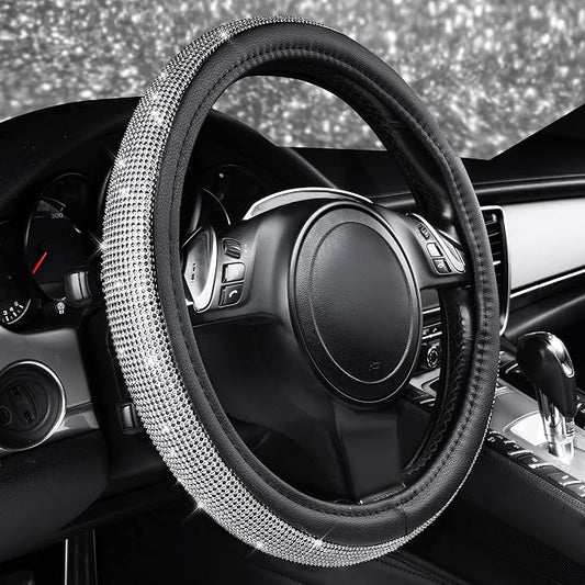 CAR PASS Bling Silver Diamond Leather Steering Wheel Cover, with Sparkly Crystal Glitter Rhinestone Universal Fit 13" 1/2-14" Small Car Wheel Protector for Women Girl Fit Car,SUV,Van,Sedan, Silver