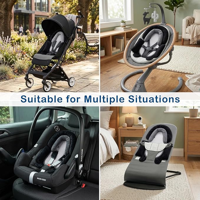 Pro Goleem Breathable 3-in-1 Infant Car Seat Head Support, Soft Infant Car Seat Insert, Carseat Cushion for Toddler, Perfect for Car Seat, Strollers, Swings, Carrier, Bouncer, Black and Grey