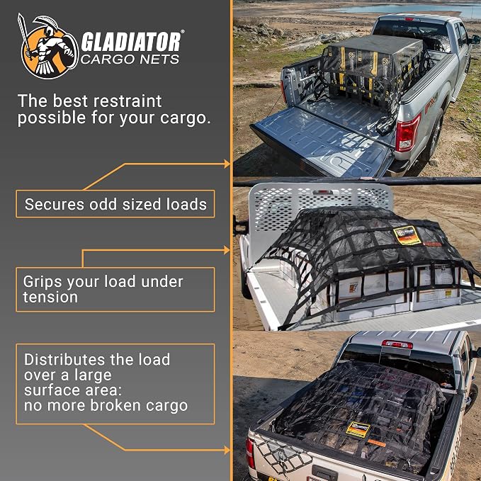 Gladiator Cargo Nets- Heavy Duty Cargo Net -Truck Accesories-Truck organizer -Bed Cover-Interior- Roof Rack-Trunk organizer-Cargo Net Offroad-SUV -Rubicon -Camping-(WLL)1,500 lbs (GRN-100) 4.8' x 5.3'