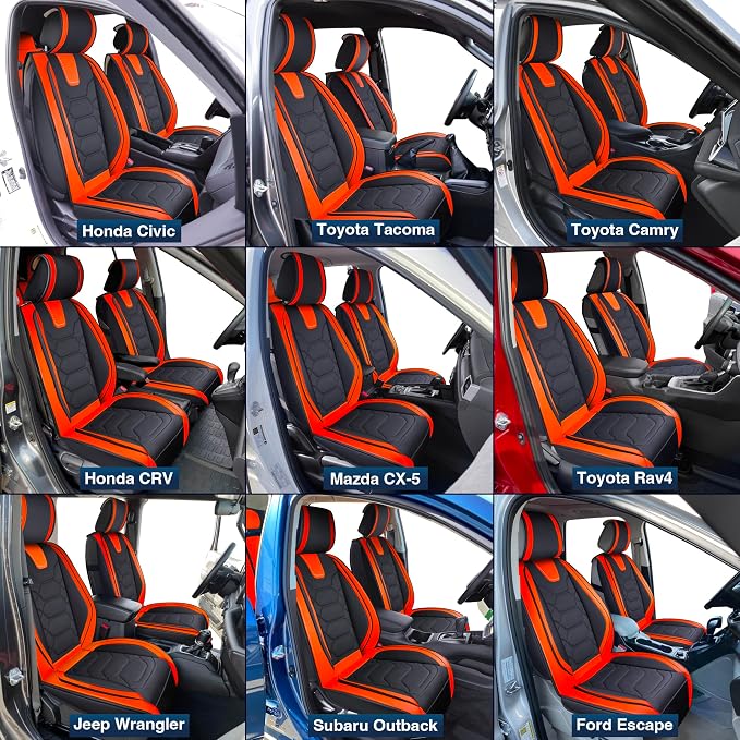 OASIS AUTO Car Seat Covers Front Seats, Sporty Honeycomb Waterproof Faux Leather Protectors, Universal Fit for SUV, Sedan, Truck Interior Accessories (OS-004 Black&Orange)