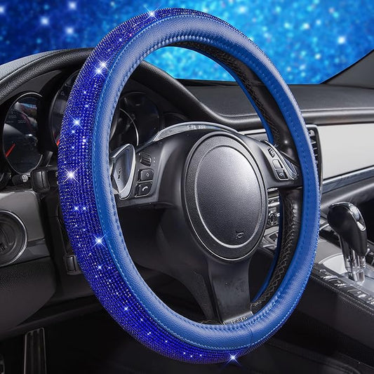 CAR PASS Bling Diamond Leather Steering Wheel Cover, with Bling Sparkly Crystal Glitter Rhinestones Universal Fit 14" 1/2-15" Car Wheel Protect for Women Girl Fit Suvs,Vans,Sedans,Cars,Trucks, Blue