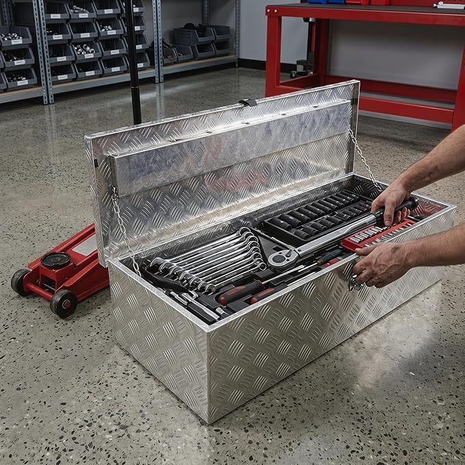50 Inch Aluminum Truck Bed Tool Box, Pick Up RV Trailer Toolbox, Storage Lockable Organizer with Side Handle and Lock Keys, Silver