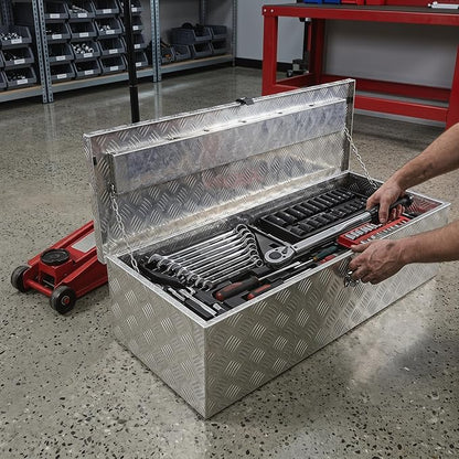 50 Inch Aluminum Truck Bed Tool Box, Pick Up RV Trailer Toolbox, Storage Lockable Organizer with Side Handle and Lock Keys, Silver