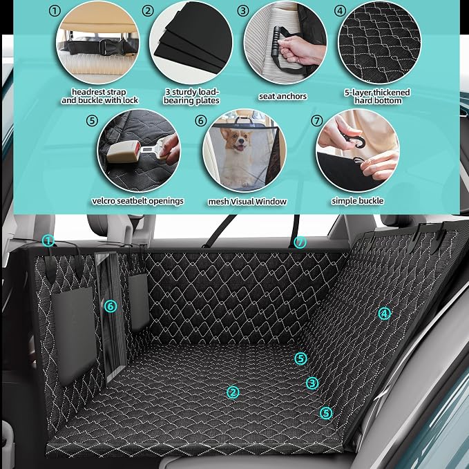 petalage Dog Truck Seat Cover for Back Seat, Hard Bottom Pet Hammock for Car, Bed Extender for 2-4 Large Dogs, Waterproof Seat Protector, Universal XL Size Fits for Crew Cab Truck, SUV, Black