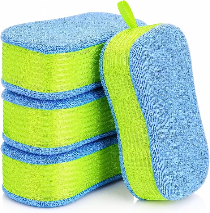 4 Pack Microfiber Car Wash Sponges, Dual-Sided Scrub Pad Multi-Purpose for Auto Detailing, Household Cleaning, Bathroom, Kitchen, Bike, Boat (Green)