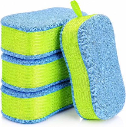 4 Pack Microfiber Car Wash Sponges, Dual-Sided Scrub Pad Multi-Purpose for Auto Detailing, Household Cleaning, Bathroom, Kitchen, Bike, Boat (Green)