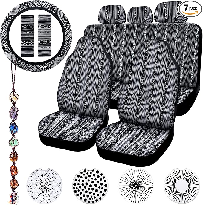 Frienda 14 Pcs Baja Car Seat Covers Full Set Multicolor Stripe Boho Print Steering Wheel Cover Seat Belt Cover Crystal Hanging Ornament Car Holders Fits (Vintage Style)