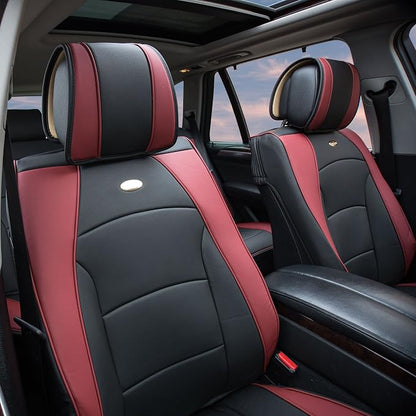 FH Group Ultra Comfort Highest Grade Faux Leather Full Set Cushion Pads Car Seat Covers for Front and Rear– Universal Fit for Cars Trucks & SUVs (Burgundy/Black)