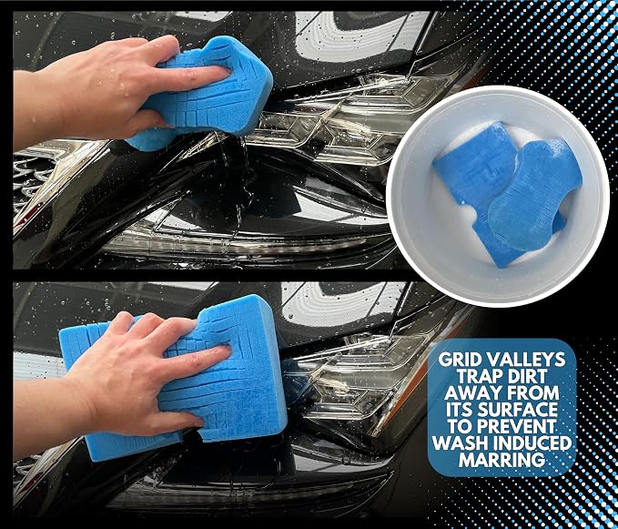 Sudz Budz® Premium Grid Car Wash Sponge 2pc Jumbo/Ergonomic | Anti-Marring Sponge for Soap and Rinseless Washing | Soft, Scratch-Free, Durable Foam. Cross-Cut Sponges for Cleaning and Detailing
