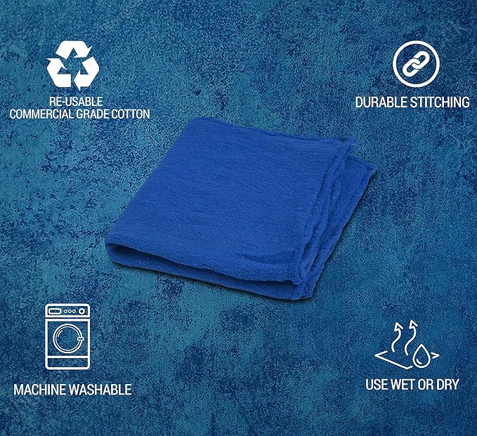 Cotton Shop Towels - Pack of 25 Cleaning Rags 12'' x 14'' - Super Soft and Absorbent Shop Rags for House - Multipurpose Cleaning Towels for Automobiles, Industries, Garage