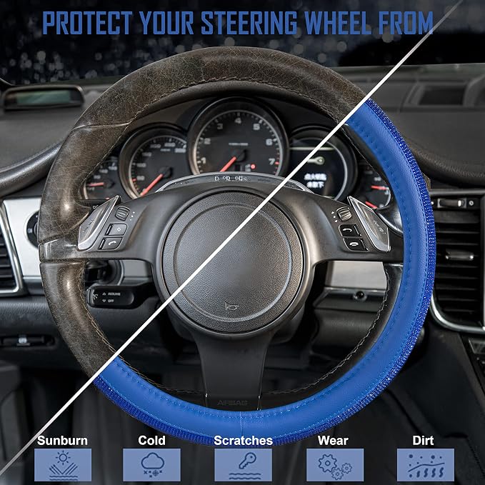 CAR PASS Bling Diamond Leather Steering Wheel Cover, with Bling Sparkly Crystal Glitter Rhinestones Universal Fit 14" 1/2-15" Car Wheel Protect for Women Girl Fit Suvs,Vans,Sedans,Cars,Trucks, Blue