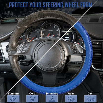 CAR PASS Bling Diamond Leather Steering Wheel Cover, with Bling Sparkly Crystal Glitter Rhinestones Universal Fit 14" 1/2-15" Car Wheel Protect for Women Girl Fit Suvs,Vans,Sedans,Cars,Trucks, Blue