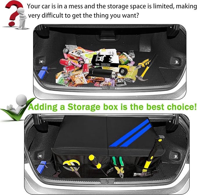 YOSRTER Car Trunk Organizer for Dodge Charger Durango Challenger Ram Collapsible Storage Box with Handle Foldable Lid Non Slip Bottom 2 Compartment Sturdy Base Panel Blue Trim